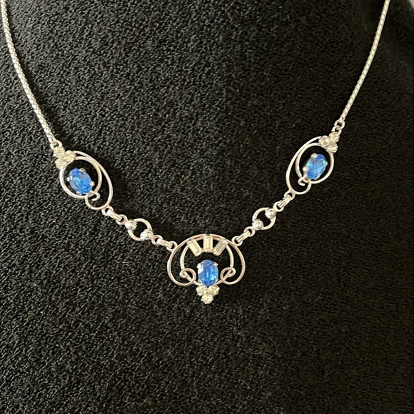 Vintage Loran Sim Sterling Blue Stone Necklace Art Deco Design - Picture 3 of 13